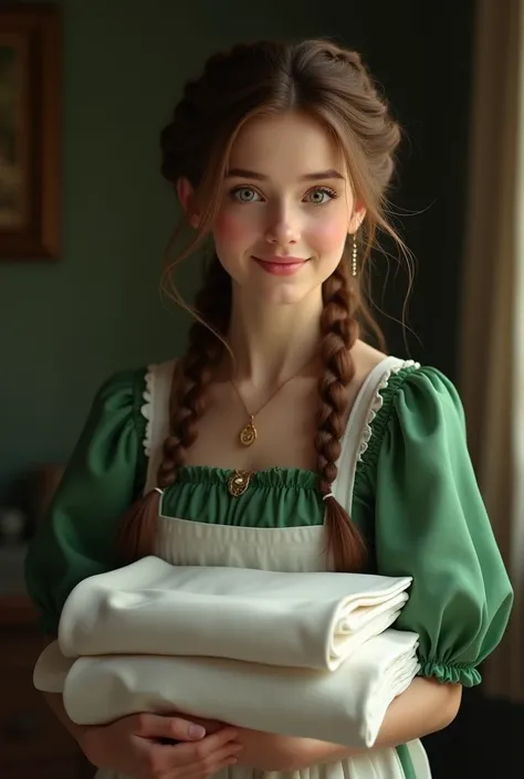 Create a beautiful brown-haired woman who has her hair in two braids that are on top of her head in the shape of a crown., that has light green eyes and a sweet smile. That she is dressed in a very simple green long-sleeved dress, wearing a white apron and...