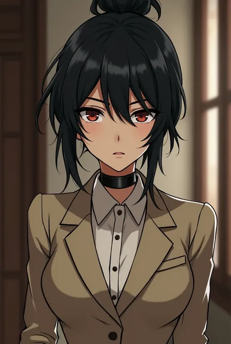  What an anime girl that looks like Dazai from Bungou Stray Dogs with a black hair bun in a Dazai-style beysh-colored suit that looks serious with a long black choker and that looks the same as Dazai Osamu, female version 