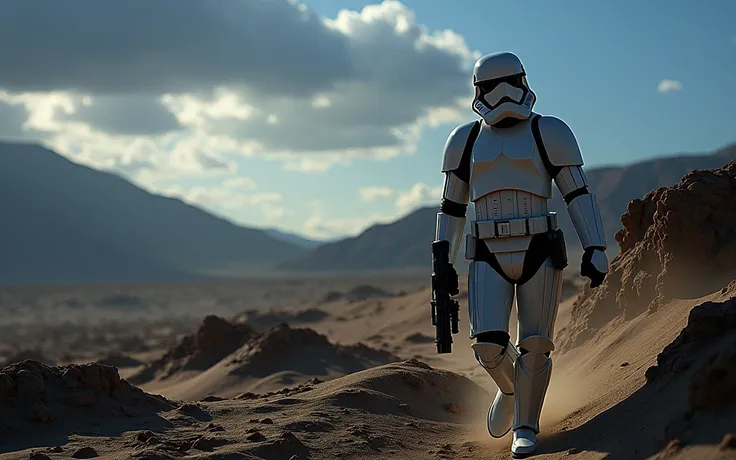 Photograph of a Stormtrooper with Star Wars blaster rifle weapon walking through the desert leaving footprints in the sand cinematic dramatic lighting, blurred desert background.