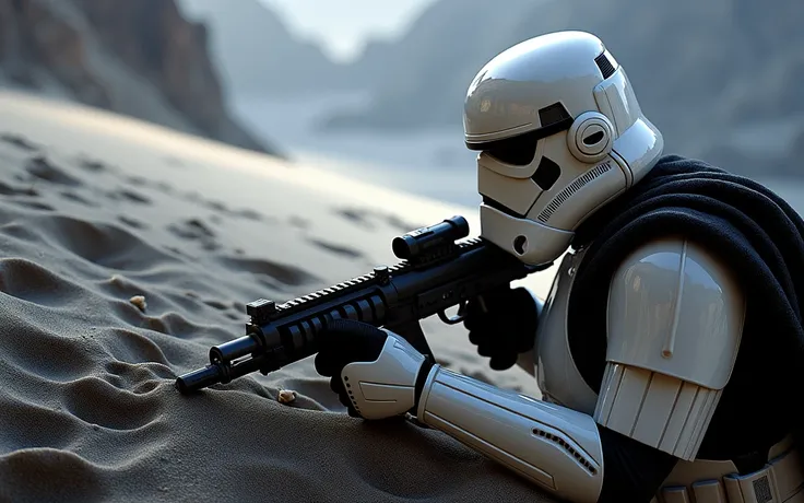 Photograph of a Stormtrooper with Star Wars blaster rifle weapon walking through the desert leaving footprints in the sand cinematic dramatic lighting, blurred desert background.