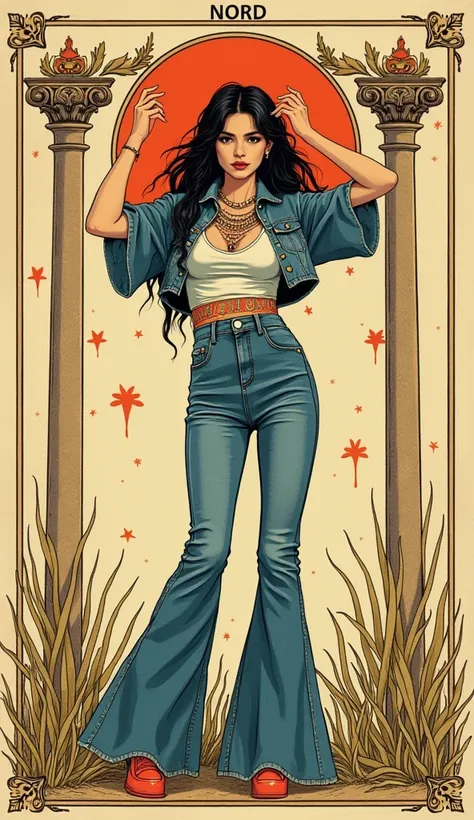 masterpiece, plain vintage tarot line-art aesthetics, orgasm, teenager diva, high-waisted flared jeans, ethnic pattern, tight denim blouse, ethnic ritual aesthetics, ethnic accessories, ritual victim outfit, turns around, frame, heels,  human victim outfit...