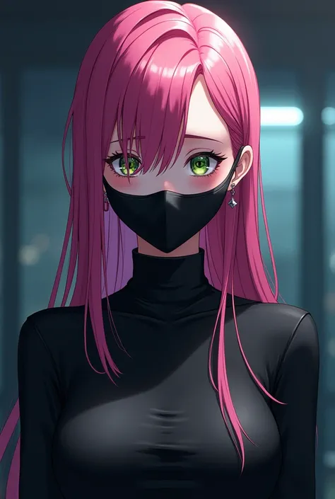 1girl, female anime screencap from jujutsu kaisen, solo, long_hair, ((Green eyes, )) ((Pink_hair, hair over ear from one side))((slicked hair)) , night view, (hanging breasts) upper_body, smile, indoors, lips, (long hair) ((wearing black colour outfit, glo...