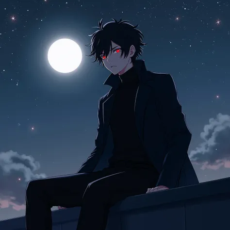 Teenage boy, solo, black coat, black turtleneck, black trousers, dark hair, red eyes, shining eyes, perfect eyes, sits on the roof of a building, night, starry sky, moon in the background, best quality, perfect detailed eyes, 8K, very detailed image, perfe...