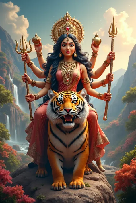 Create a high-quality ultra-realistic 3d illusion, Maa Durga is sitting on her tiger. Durga has a lotus flower, trident,conch,soward,bow arrow,Discus in her hand. The environment behind Maa Durga is gorgeous, the image should be high-quality, ultra-detaile...