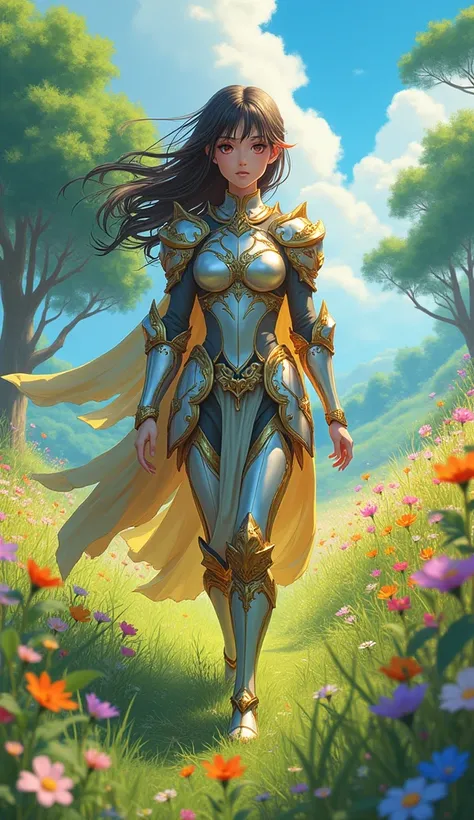 Anime image of a beautiful girl with colorful eyes, wearing colorful armor, walking on a beautiful grassland like in a novel. Walking, there are many kinds of trees, colorful flowers, and the wind blows.