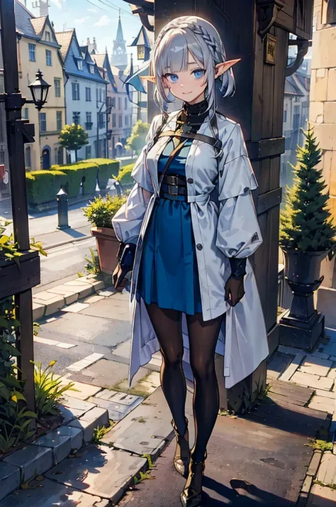 medieval street with cathedral,（pointed ears、elf、blue eyes、green date outfit、long eyelashes、silver braided short hair）