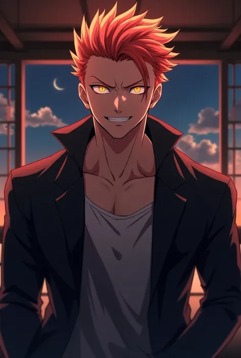 1male, anime screencap from jujutsu kaisen, solo, Short_hair, ((Fiery Red eyes)) ((Red and orange_hair, hair is short))((slicked hair)) , night view, (Muscular)body, smile, indoors, lips, (short hair) ((wearing black color jacket)) "very detailed and high ...