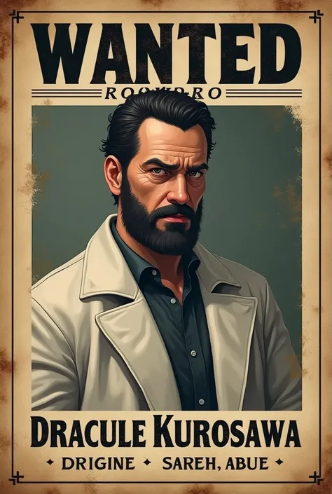 A wanted sign that have a picture of a guy with a little beard and a white coat he’s name is Dracule Kurosawa 