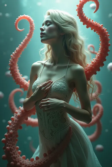 Hybrid​ half​ woman​ with jellyfish in a surreal underwater scene, her hand Covering the nipple chest, surrounded by large red Squid tentacles

