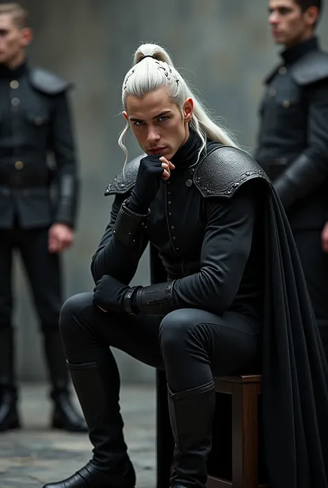 Create a young and handsome prince, that she has long white hair that is tied back in a high ponytail with some Viking braids, that he is dressed in a black combat outfit and has shoulder pads from which his dark cape falls. He is sitting on a black wooden...