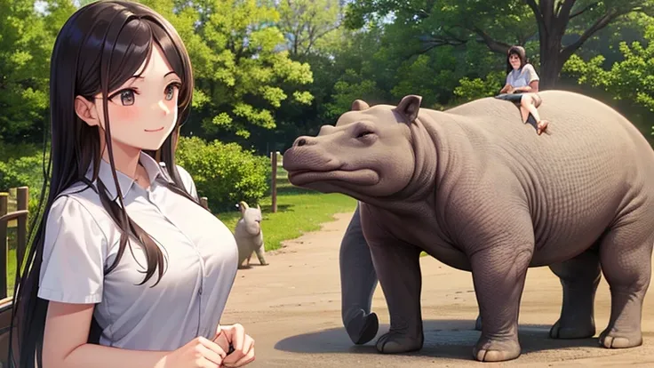 A female zookeeper、Smiling and talking to children while taking care of large animals。Behind them are animals such as hippos and elephants as sub-elements.、A scene with a woman&#39;s warm smile。