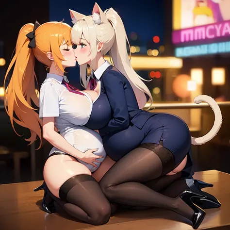 cat girl pregnant lesbian kiss high heel long hair ponytail stockings huge breast office attire nightclub tail