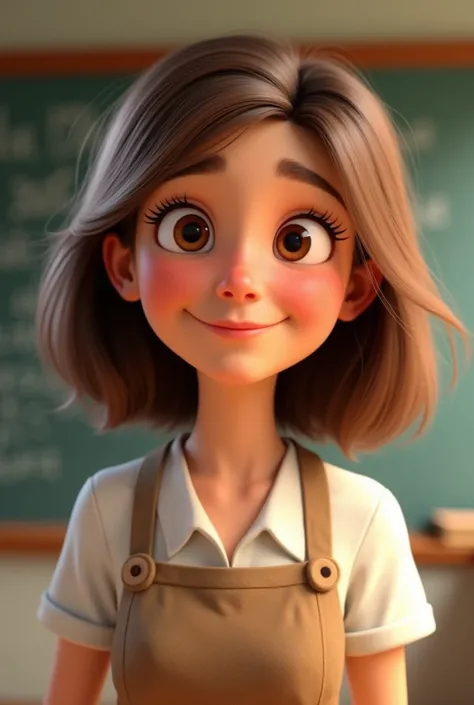 Pixar teacher shoulder length hair light skin light brown eyes brown hair wearing a teacher&#39;s apron 