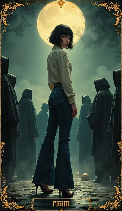 masterpiece, tarot vintage aesthetics, teenager diva is victim in gloomy ritual, high-waisted flared jeans, tight blouse, turns around,  ritual outfit crowd, heels,  short-cut, line-art frame