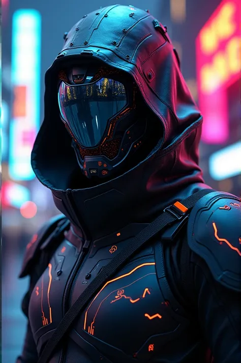 A hyper-realistic digital art of a cyber assassin, clad in sleek, futuristic armor with intricate glowing circuits. The assassins face is partially concealed by a high-tech visor that reflects a neon-lit cityscape. The scene is intense and action-packed, w...