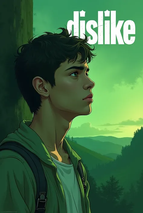 Young man with a face of disgust,looking at the horizon, that the design follows a green color palette and is an almost realistic design . Let it be a design like for a poster with the title in large letters in the Spanish language"dislike", remembering th...