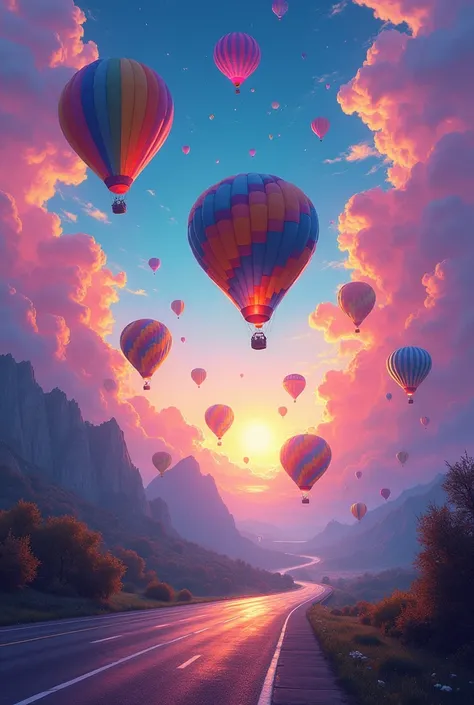 A bright sky with many hot air balloons flying above the road, Psychedelic Sky, Psychedelic Cloud, Psychedelic atmosphere, Colorful sky, Magical colors and atmosphere, Surreal Sky, Colorful Sky, So colorful and heavenly, Colorful swirling magical cloud, Ps...