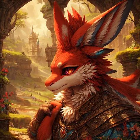 (avali), (red body, white details), furry, anthropomorphic, fantasy background, Anatomically correct, Detailed, Detailed face, Detailed eyes, (Realistic fur, Detailed fur:1.25), Detailed background, amazing background, masterpiece, (detailed fur), ((cartoo...