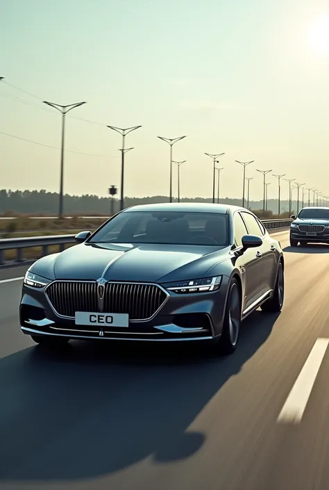 An official vehicle with plate written CEO on aurus cenat side view of the convoy on the highway at top speed