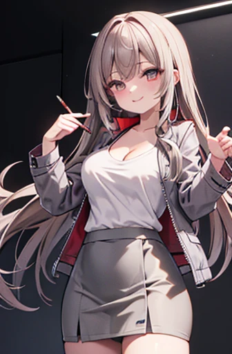 game , Nikke, the goddess of victory, Neat , Light brown hair,  Captivating eyes ,Beautiful Face , Crystal red eyes ,  Long Hair, ((Grey suit jacket:1.2)) , (( Grey pencil skirt:1.2)), ((White T-shirt)), Cleavage,G-cup breasts, Narrow waist, Captivating th...