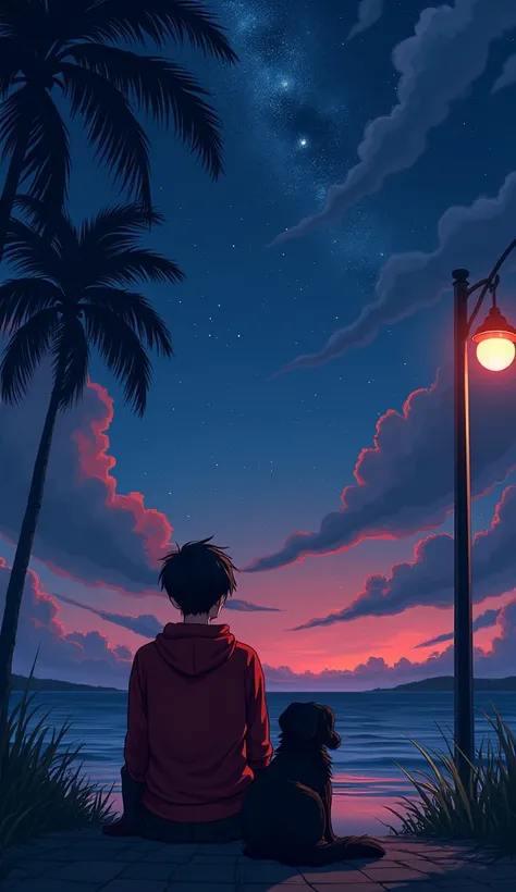 Draw an anime illustration of a guy of guy with red hoodie with his cute dog sitting in a bench which has a street lamp near him near shore at night(no sun)(back view)(dark theme)(night theme)looking at Indigo sky with thouands of glittering and glowing st...