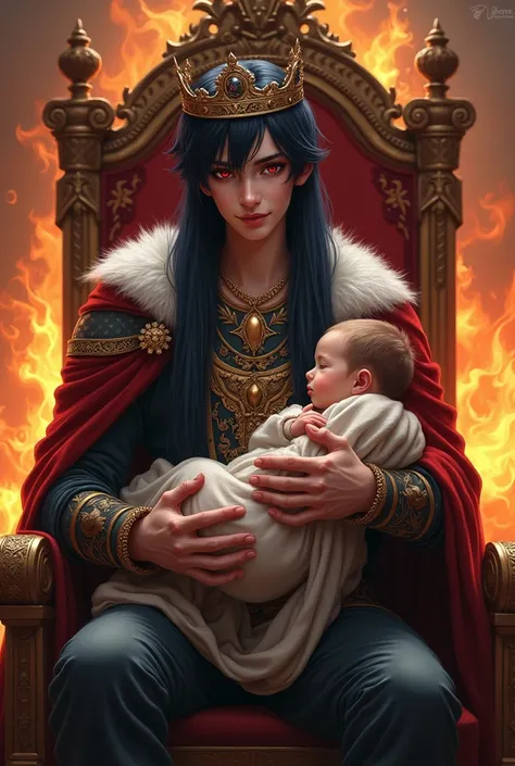 The young man with beautiful red eyes and extremely long straight dark blue hair in long-wolfcut hair style, wearing medieval cloth and has a crown on his head like a queen while holding a baby like a mother who loves his child so much. He alos having a sm...