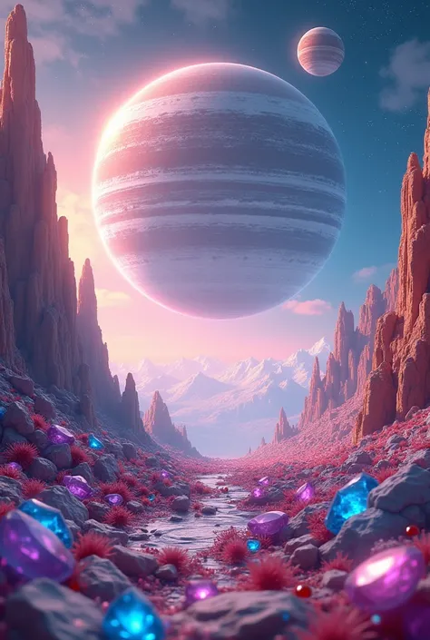 a gem filled flat world, planets, octane render, surreal