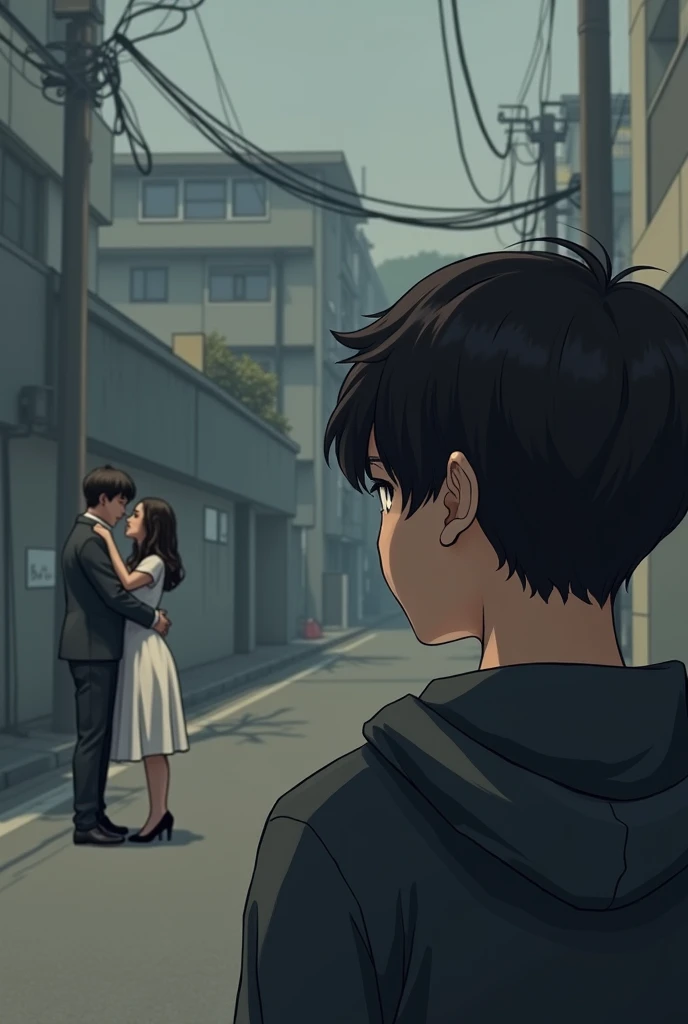 create images where a boy 23 staring at a couple, not far away.view from back of the boy
The girl is on the right of the first boy left, and her bf is on her side.
Add the girl is holding her bf hand
