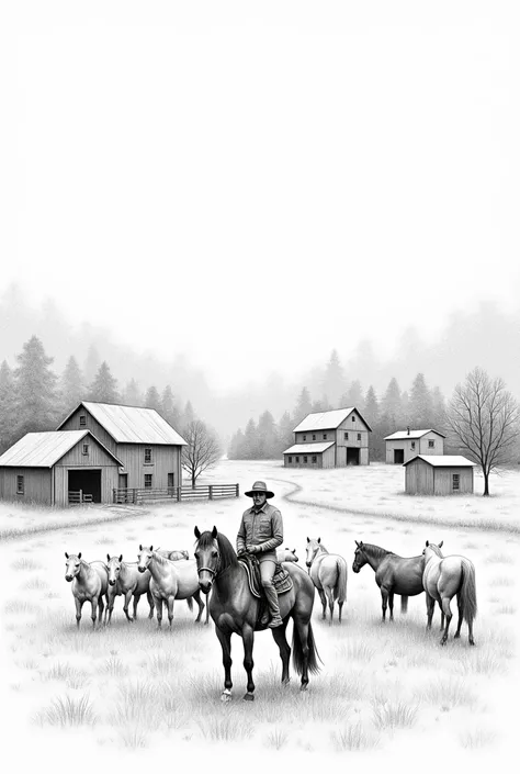 Easy farm drawing in pencil with horses and a farmer riding a horse, with houses around in black and white and pencil