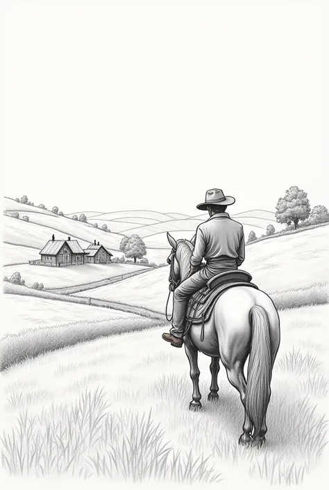 Easy farm drawing in pencil and with horses and a farmer riding a 