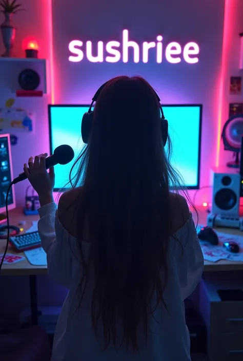 A  girl singing in her gaming room holding a mic and there is written sushriee.and the camera angle is from her backside