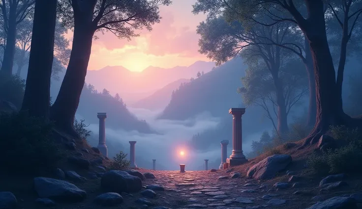 Create a mystical and serene background for an ancient Stoic-themed setting. The scene should be divided following the 1/3 rule, with the left side slightly more open to accommodate future elements. The background should feature a tranquil forest or peacef...