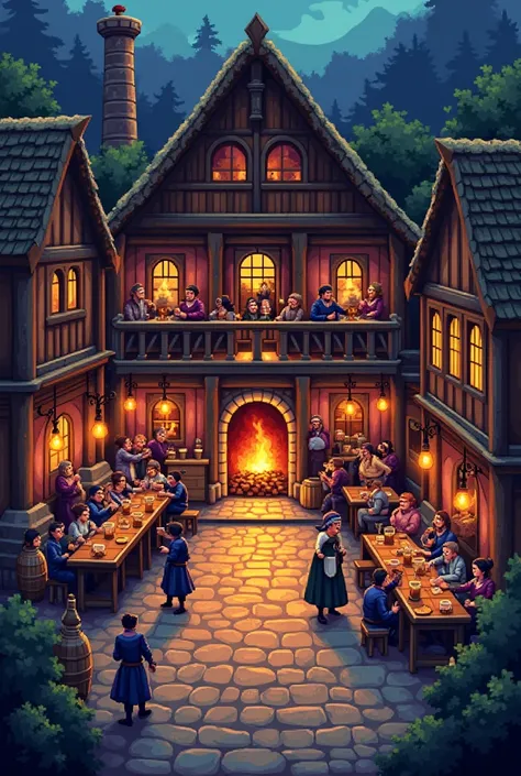 Create a pixel art medieval tavern thats the entire size of a desktop web screen. The tavern must be full of life and the point of view must be from the front