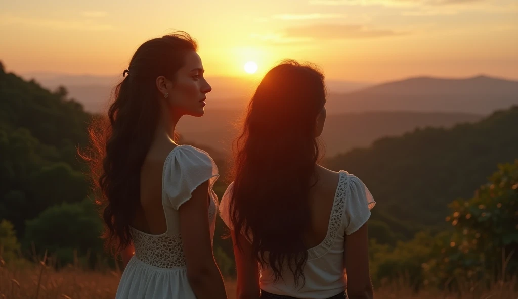 Emilia and Lucía stand on a hill overlooking the forest as the sun rises, casting a soft golden light over the landscape. Their expressions are a mix of exhaustion and quiet relief, knowing they have escaped both Héctor and the dark legacy of their past. T...