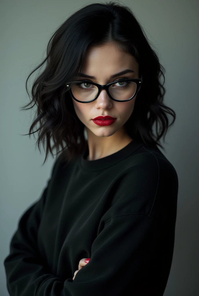  1, shoulder length wavy black hair, grey-eyed, serious and enigmatic face, wears red lipstick and simple black-framed glasses, serious posture, confident and threatening. wearing black sweatshirt 