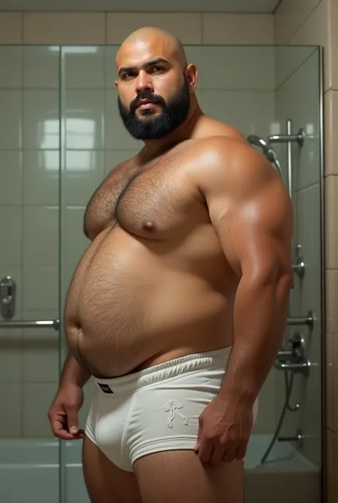 (photorealism:1.2), Light skinned (Latino), Shirtless man, Hairy, Shaved head, White boxer shorts, Big bulge, Chubby, Mirror selfie