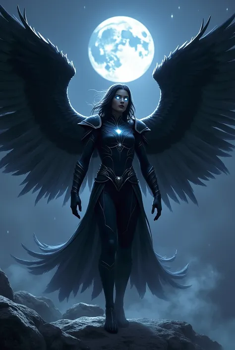 A majestic black angel with large, dark feathered wings that shimmer faintly under a twilight sky. The angels armor-like attire is sleek, in shades of black and deep blue, with subtle silver details. They stand in a powerful yet serene pose, glowing white ...