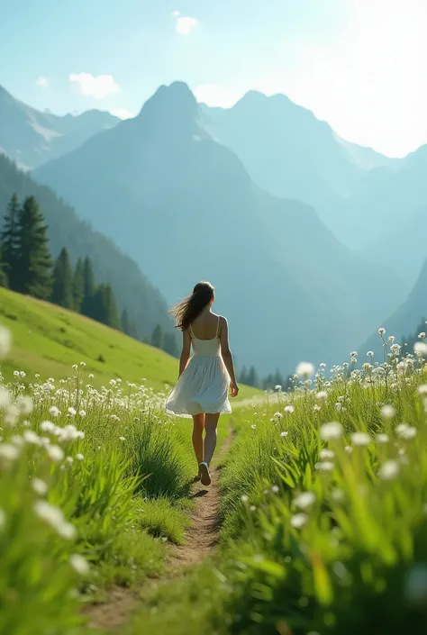 A photo Realistic, 16k, natural lighting, HDR, high resolution, shot on IMAX lase,intricate details, high contrast, shimmering, sun rays, depth of the field, superb sharpness,picturesque scene unfolds: a pretty girl strolls through a lush, green field, fra...