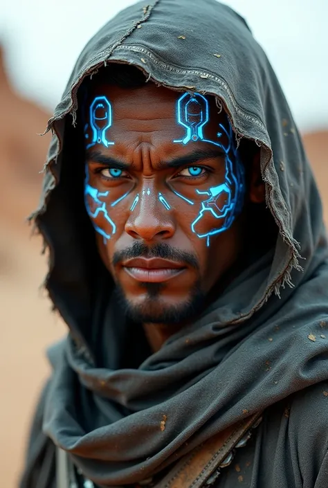 a man with a futuristic and cybernetic appearance. The subjects face is adorned with glowing blue symbols and circuitry patterns, giving a high-tech, digital aesthetic. The individual has piercing, bright blue eyes that stand out prominently. The skin is b...