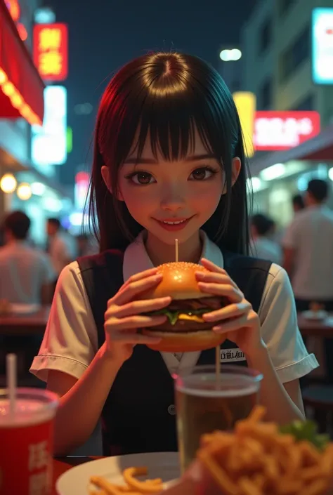 Tokyo restaurant night view。live-action。A cute Asian woman in her twenties wearing a uniform is sitting at a table and facing forward。She is holding a burger in both hands、I&#39;m about to take a bite。Her face is smiling and expressing joy。The interior is ...