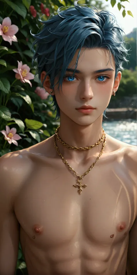 beautiful and skelt young anime man blue eye blond hair half body shot flowers in the background, twink, piercing, neck chain, s...