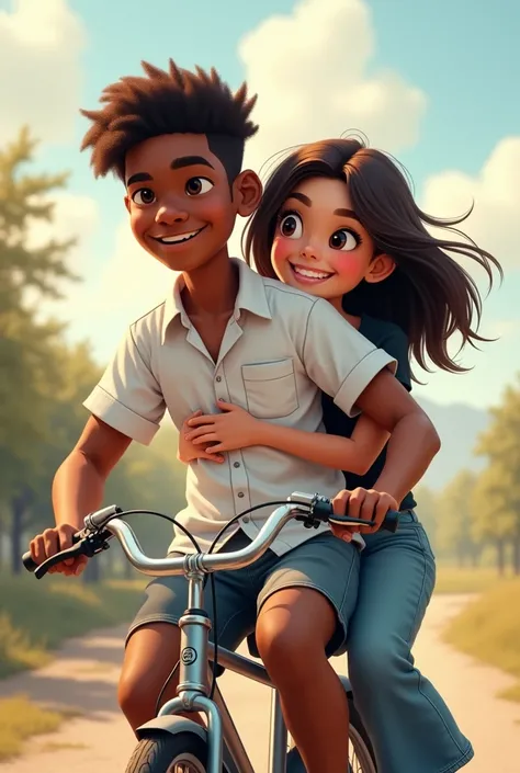 Create a tall, thin black boy with a white shirt and shorts and a short, 1 brunette girl with medium-long, straight, somewhat chubby hair with wide jeans and a black shirt, and have the boy take the girl on his bicycle. (mounted)