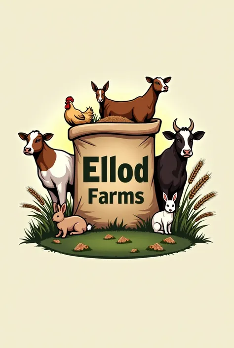 "Design a modern and professional logo for Ellod Farms that reflects the agricultural and livestock nature of the business. Incorporate elements such as animal feed in a sack with name "NPM" boldly displayed on it, farm animals (like cows, goats, chicken, ...