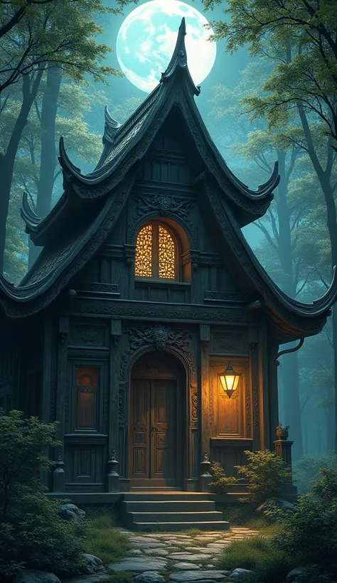 The ancient house, like a treasure from ancient times, stands tall in the middle of the old forest. The delicate wooden architectural lines, carved with winding dragon and phoenix patterns, further highlight its ancient beauty. The moonlight shines through...