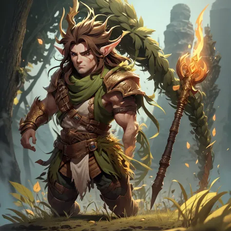 Make an image of an adult male elf with long brown hair and green eyes wearing full armor without a helmet holding a long sword stuck in the ground and behind him a golden colored dragon about 4 meters tall.,d&d 
