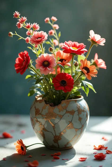 a professional photo of a broken flower vase made from ceramics, flowers plug inside, close up shot, bokeh, Photography, hard lighting, velvet background 