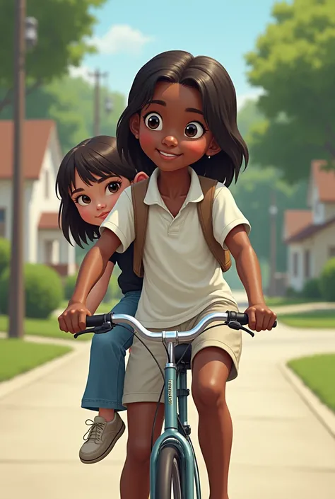 Create a tall, thin black boy with a white shirt and shorts and a short, 1 brunette girl with medium-long, straight, somewhat chubby hair with wide jeans and a black shirt, and have the boy carry the girl on the bar of his bicycle. (mounted)