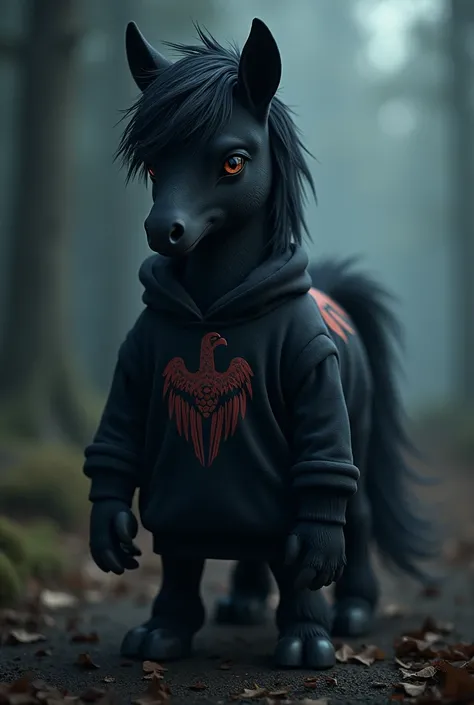 Pony in dark fur with a sweatshirt similar to the animal vulture