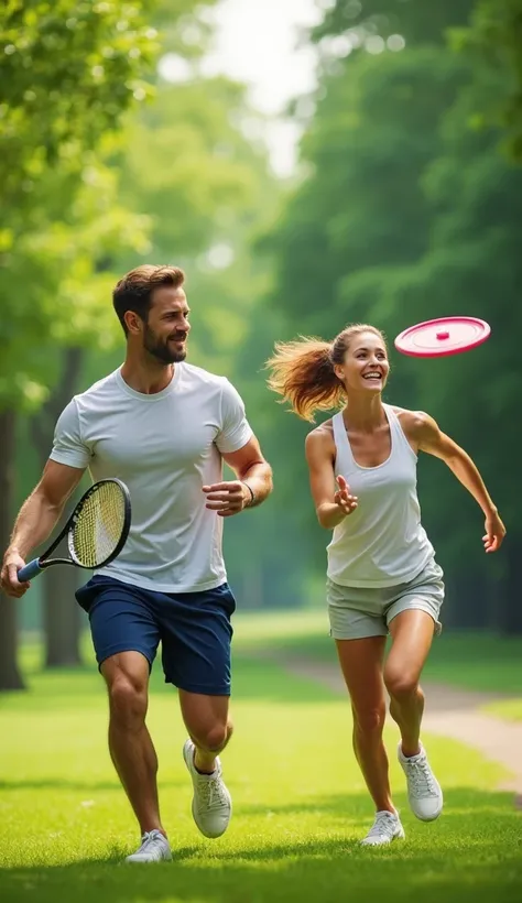 An ultra realistic HD of a healthy man and woman, engaging in a friendly sports competition. The man is playing tennis and the woman is throwing a frisbee. The scene is set in a lush, green park. The cartoon should be ultra-high definition, with vibrant co...