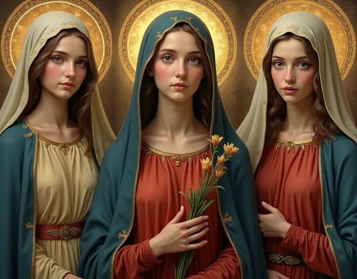 ((Highest quality)), ((masterpiece)), (detailed), Three stunningly beautiful Virgin Marys, young, Looking into the camera, Red beige tunic, Blue cloak and veil, A motherly smile, Halo, 